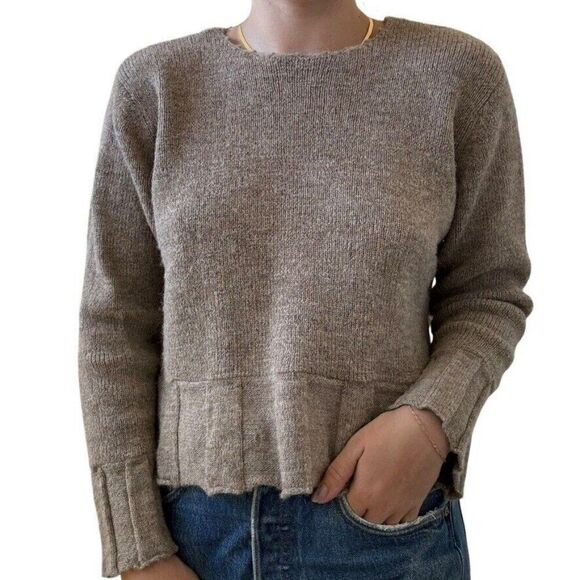 Vintage J. Jill Tan Brown Alpaca Wool Blend Cropped Boxy Ruffle Sweater Sz M - Picture 1 of 7